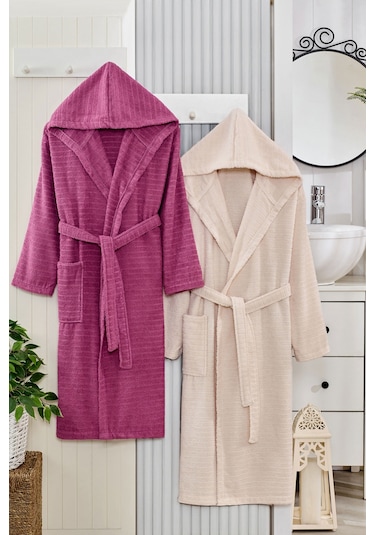 2 Li Kapşonlu Unisex Banyo Bornozu Seti %100 Soft Pamuklu Mürdüm - Bej