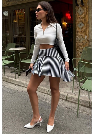 Madmext Haki Çizgili Asimetrik Çizgili Etek Mg2698