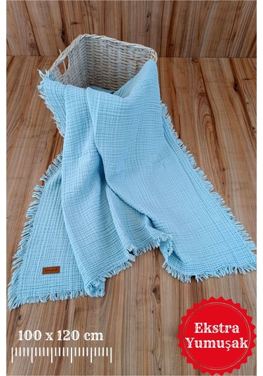 4 Kat Müslin Mint Yeşil Saçaklı Bebek Battaniyesi 100x120 Cm- %100 Pamuklu & Çok Amaçlı Battaniye Mavi