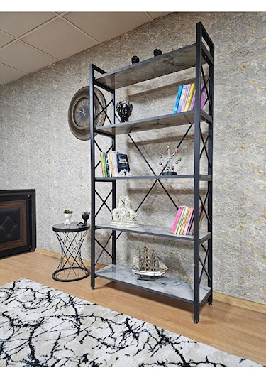 Siyah Boyalı Kitaplık - 5 Raflı Suntalem Lüks Kitaplık Marmol Çok Renkli