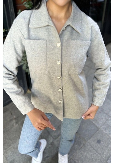 Gri Uzun Kol, Çift Cepli, Eteği Oval Kesim, Kaşe Gömlek Ceket Gri