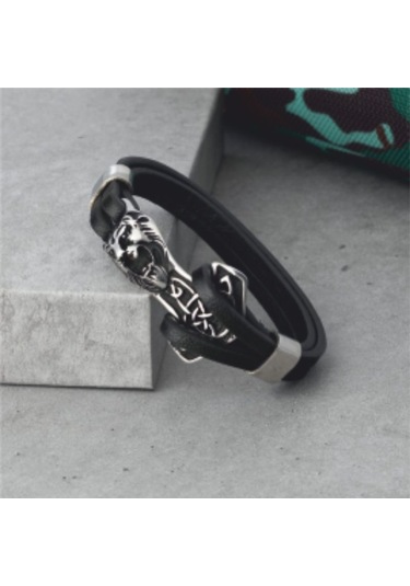 Erkek Çelik ve Deri Bileklik Aslan Ve Çapa Figürlü