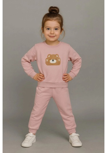 Sevimli Ayıcık Nakışlı %100 Pamuk 2 Li Çocuk Eşofman Takımı Gül Kurusu