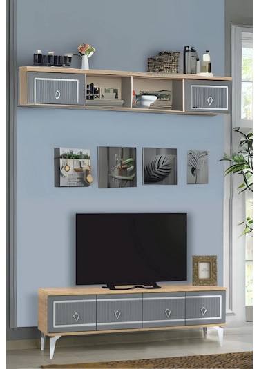 Vina Tv Sehpası Atlantik Çam Antrasit Gümüş Şeritli 4 Kapaklı Sehpa 160x36x50 Cm