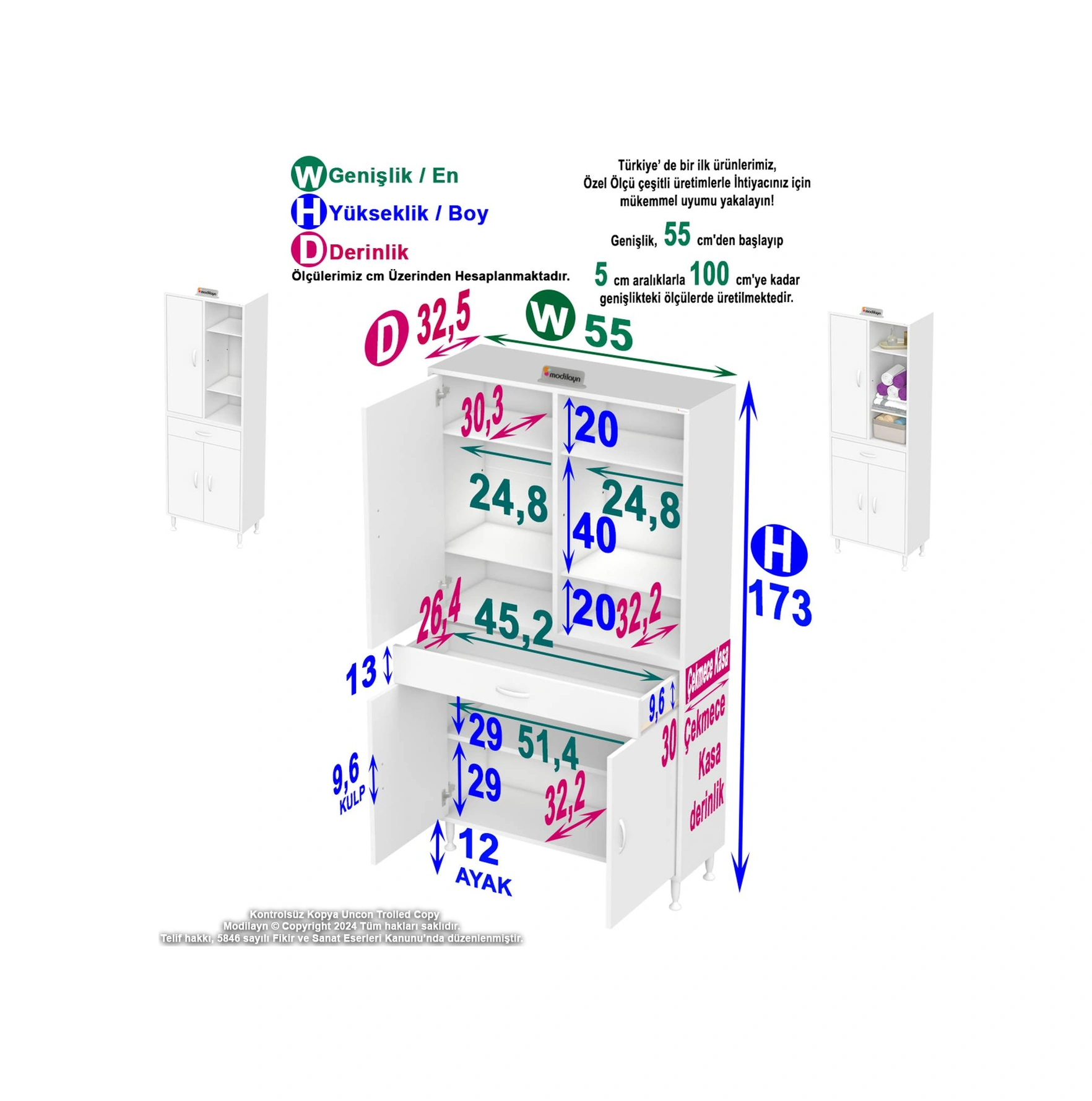 Kayra Banyo Ve Mutfak Dolabı Çok Amaçlı Dolap Tek Çekmece 3 Kapak 5 Raf 8 Bölme 55x173x32,5 Cm Beyaz