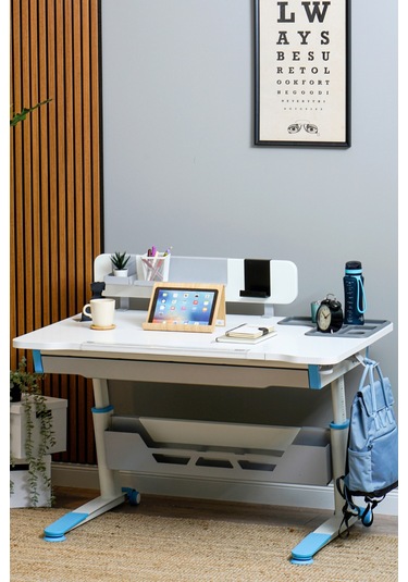 Sirius Standart Yükseklik Ve Eğim Ayarlı Çekmeceli Bilgisayar, Ofis Ve Çalışma Masası Ekru Mavi Gri