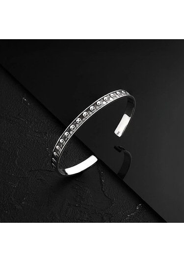 925 Ayar Gümüş Kurukafa Motifli Unisex Kelepçe Bileklik Gümüş