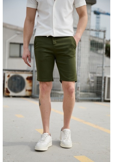 Koyu Yeşil Renk Chino Erkek Şort Koyu Yeşil