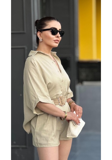 Taş Keten Kendinden Kemerli Gömlek-şort Takım Taş