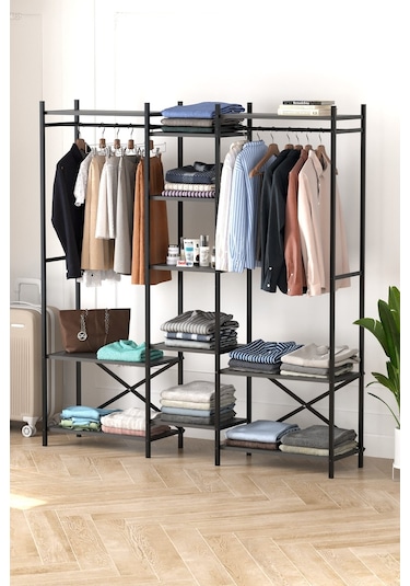 10 Raflı Metal Gardırop Metal Portmanto Açık Gardırop Elbise Dolabı Vestiyer Openix Antrasit