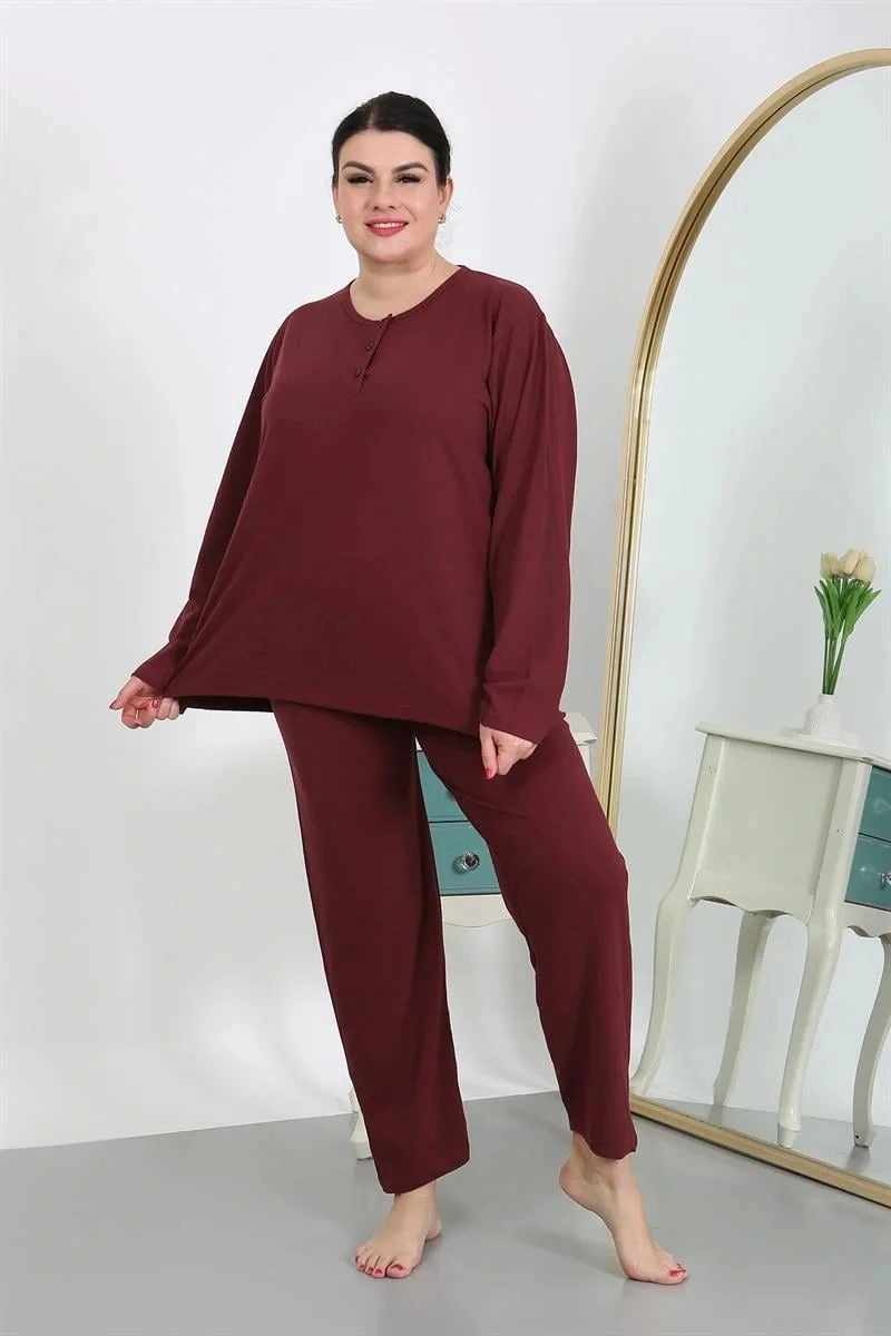 Moda Kadın Büyük Beden Uzun Kol Penye Pijama Takımı Bordo Bordo