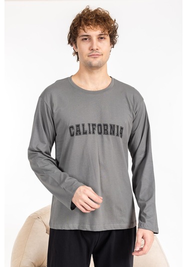 Erkek Penye Pamuk Regular Kalıp Sıfır Yaka Kaliteli Pijama Takımı A803123-koyu Gri Koyu Gri