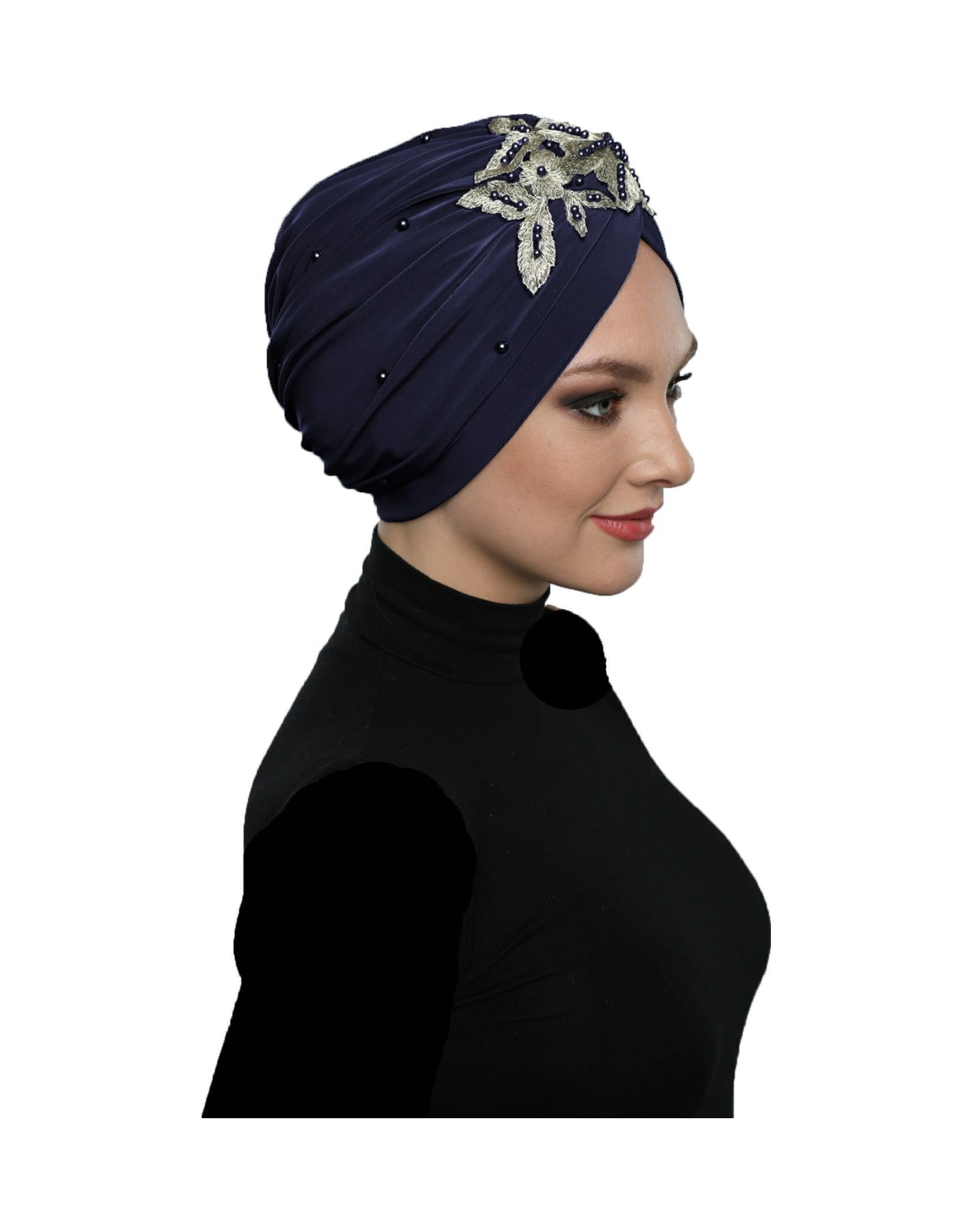 Kopma Astarlı İşlemeli Lacivert Sarı Dantel Motifli Hazır Türban Tesettür Abiye Bone Lacivert-sarı