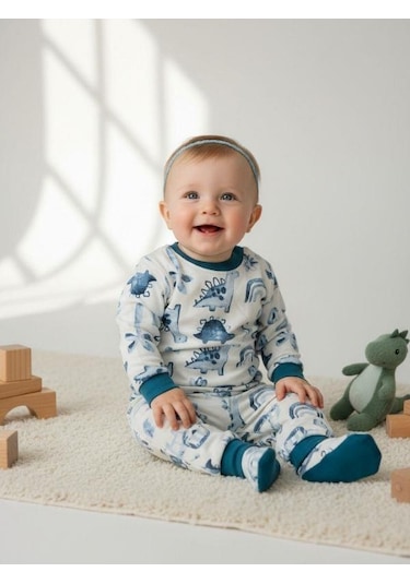 Zekids Erkek Bebek Pamuklu Dinazor Desenli Pijama Takımı-16268 Mavi