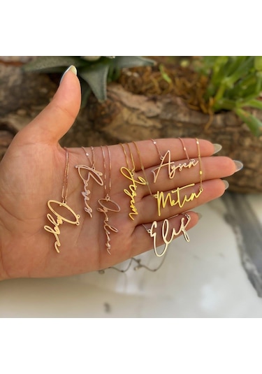 Isimli Dikey Imza Altın Gold 925 Ayar Gümüş Zincir Kolye Kişiye Ö (536422937)