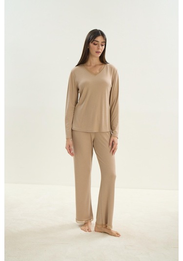 Kadın Uzun Kol Bej Mlelanj Pijama Takım C4t9n0o61 001