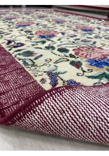 El Dokuma Eskitme 145X240 Kırmızı Mavi Güllü Vintage Yün Halı ! Kırmızı