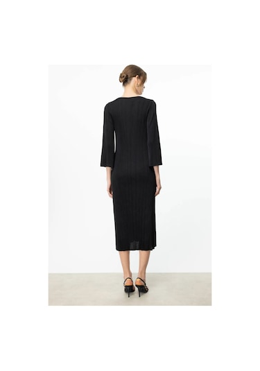 Ekol Kadın Akordiyon Kumaş Maxi Boy Elbise 5920 Siyah Siyah