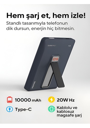 5000mah 20w Hızlı Şarj Kablosuz Magsafe Powerbank Type-c Kablolu/girişli Standlı - Siyah Siyah