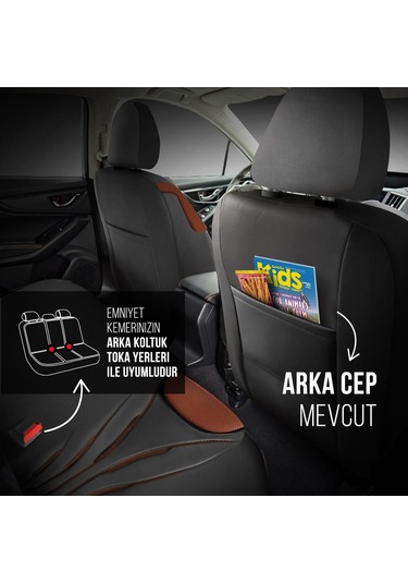 Panda Pars Serisi Deri Oto Koltuk Kılıfı - Siyah - Taba