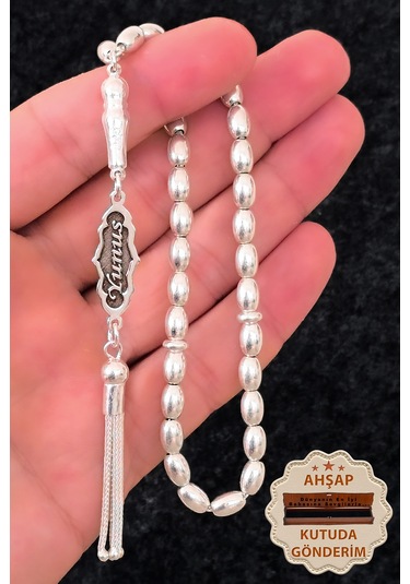 İsimli Gümüş Tesbih Arpa Kesim Kişiye Özel İsim Yazılı Gümüş Tesbih 925 Ayar St388 Gümüş - Siyah