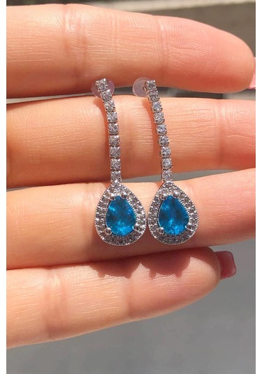 Niki Aksesuar Diamond Model Turkuaz Damla Taşlı Küpe Turkuaz