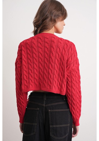 6863 Kadın Saç Örgülü Crop Triko Kazak Kırmızı Kırmızı