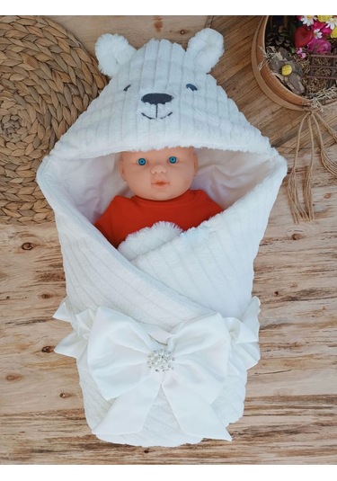Yenidoğan Beyaz Wool Yün Kumaş Ayıcık Kulaklı Kundak Bebek Battaniyesi Beyaz