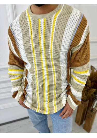 Kazak Oversize Renkli Örgü Desenli Naturel Pamuk Bol Kesim Salaş Triko Kazak Kahverengi