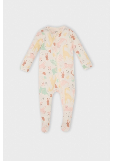 DeFacto Kız Bebek Yenidoğan Safari Baskılı Uzun Kollu Fermuarlı Tulum D8309A5NSER233 Ekru