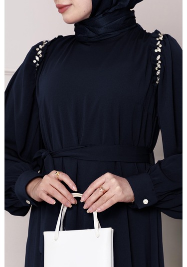 Omuzu Taş Detaylı Rose Elbise-lacivert-4776 Lacivert