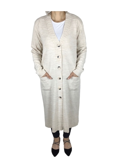 Kadın Büyük Beden Düğmeli Mevsimlik Hırka Krem