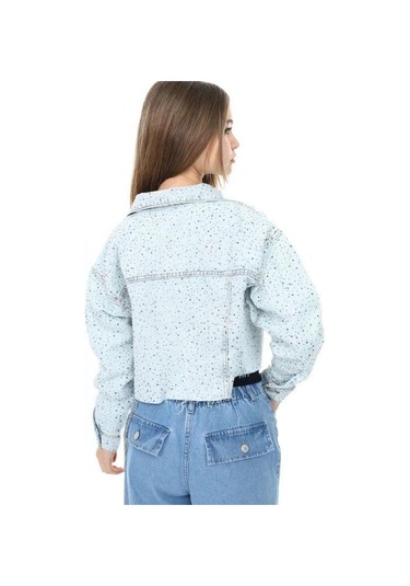 Kız Çocuk Parlak Taşlı Oversize Crop Kot Ceket-13741 Mavi