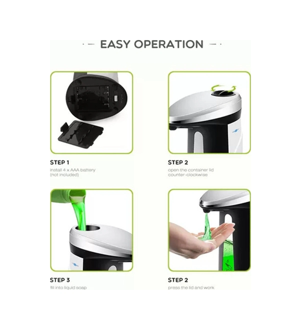 Hombey Otomatik Algılama Sabun Dağıtıcı 400ml - Banyo/ Mutfak Kullanıma Uygun, Pil Dahil Değil, Abs Malzeme Beyaz - Siyah