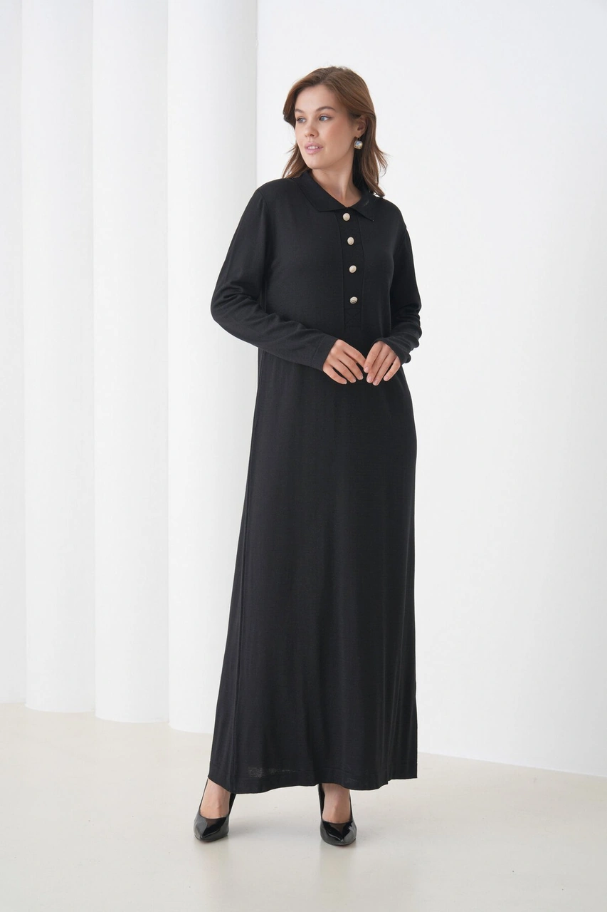 Kadın Uzun Kol Gömlek Yaka Triko Önden Düğmeli Triko Spor Şık Elbise Siyah