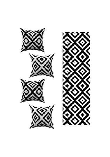 Siyah Beyaz Geometrik Baklava Desenli 4'lü Kırlent Kılıfı 1 Runner Seti 4kmbs239 Rs Siyah