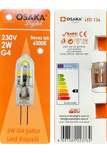 2 Adet Osaka 2w Beyaz Işık 6500k G4 Duylu İğne Bacak Led Kapsül Ampul