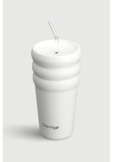 Stevig 3 Bubble Two-cap Straw Tumbler Çelik Termos 600 Ml White Stone St-249 Beyaz