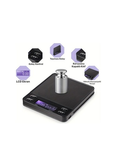 Fastbuy Siyah Usb Şarjlı 2kg 0.1g Dijital Tartı, Mutfak Gıda Ölçeği Siyah