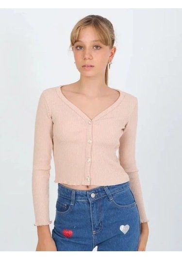 Kız Çocuk Kaşkorse Taşlı Düğmeli Hırka-14807 Bej