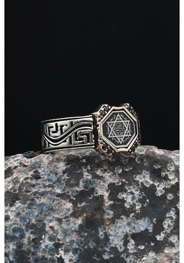 Grek Desenli 925 Ayar Gümüş Erkek Yüzüğü Hz. Süleyman Mührü 901232