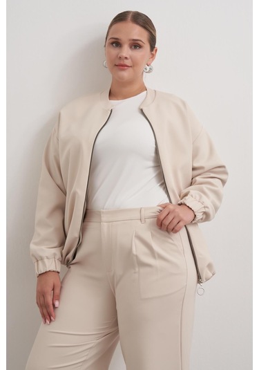 Cep Detaylı Astarlı Stoperli Bomber Ceket-3368 Bej