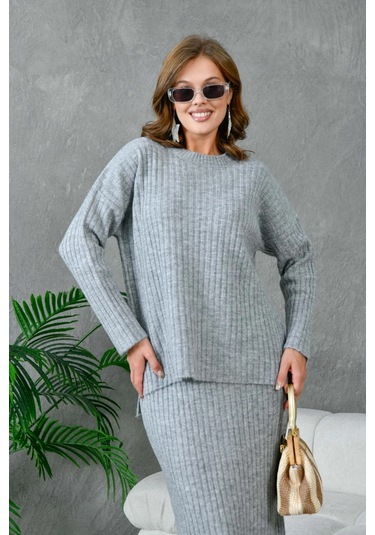 Kadın Bisiklet Yaka Uzun Kazak Etek İkili Triko Takım Gri