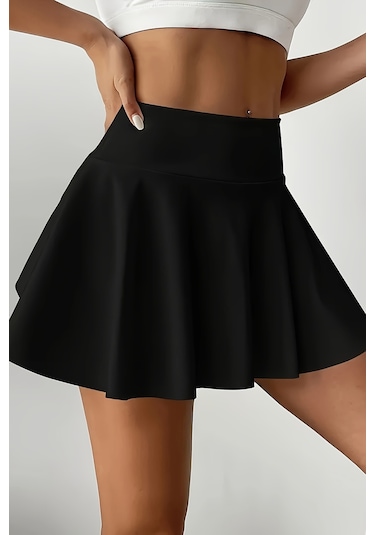 Merry See Esnek Likralı Bol Kesim Cepli Taytlı Sporcu Şort Etek - Tenis Eteği Siyah