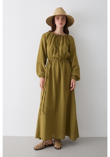 Haki Bağlama Detaylı Müslin Elbise - 2004 Haki