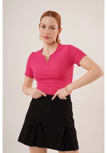 Kısa Kollu Yaka Detaylı Kaşkorse Fuşya Bluz FUŞYA