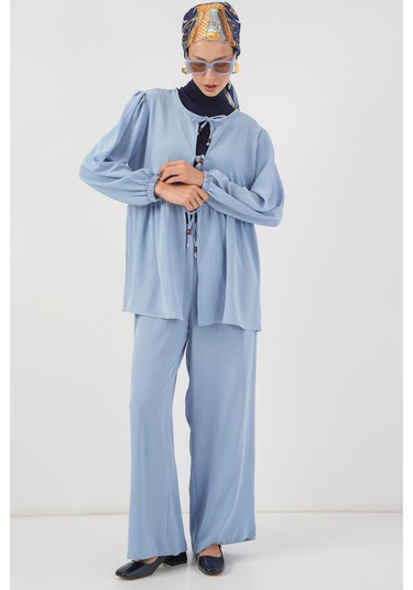 Kadın Önü Bağcıklı Tunik Pantolon İkili Takım 6744 - Mavi mavi Kadın Önü Bağcıklı Tunik Pantolon İkili Takım 6744 - Mavi mavi