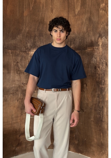 Hyman Erkek %100 Pamuk Oversize Basic T-shirt İndigo