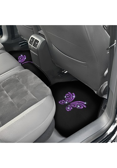 Kadın Sürücülere Özel: Mor Kelebek Zarafeti & Taşlı Siyah Oto Halı Paspas Seti 5 Parça Nakışlı