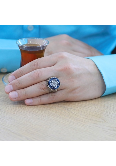 Sıkma Kehribar Üzerine "mühr-i Süleyman Ve Duası" İşlemeli 925 Ayar Gümüş Erkek Yüzük